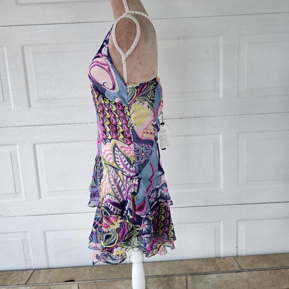 Peppe Peluso Boho Halter Dress L Bright Abstract Print Tiered Ruffle Summer - Picture 3 of 16